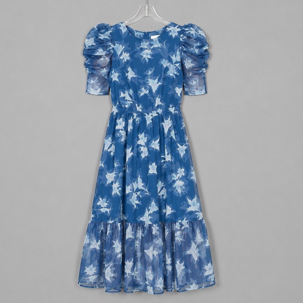 Destination 365 Midi Dress Womens Large Indigo Floral Printed Chiffon A614501